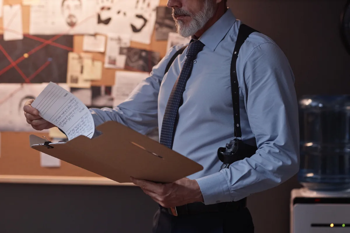 A man in a formal shirt with suspenders reviewing a document on a clipboard.