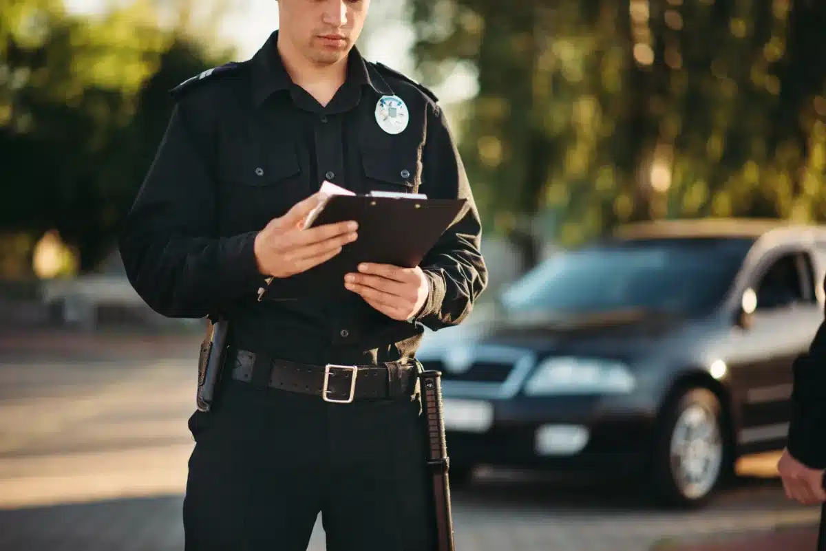 A police officer holding a clipboard in front of a car, possibly documenting charges or misdemeanor offenses.