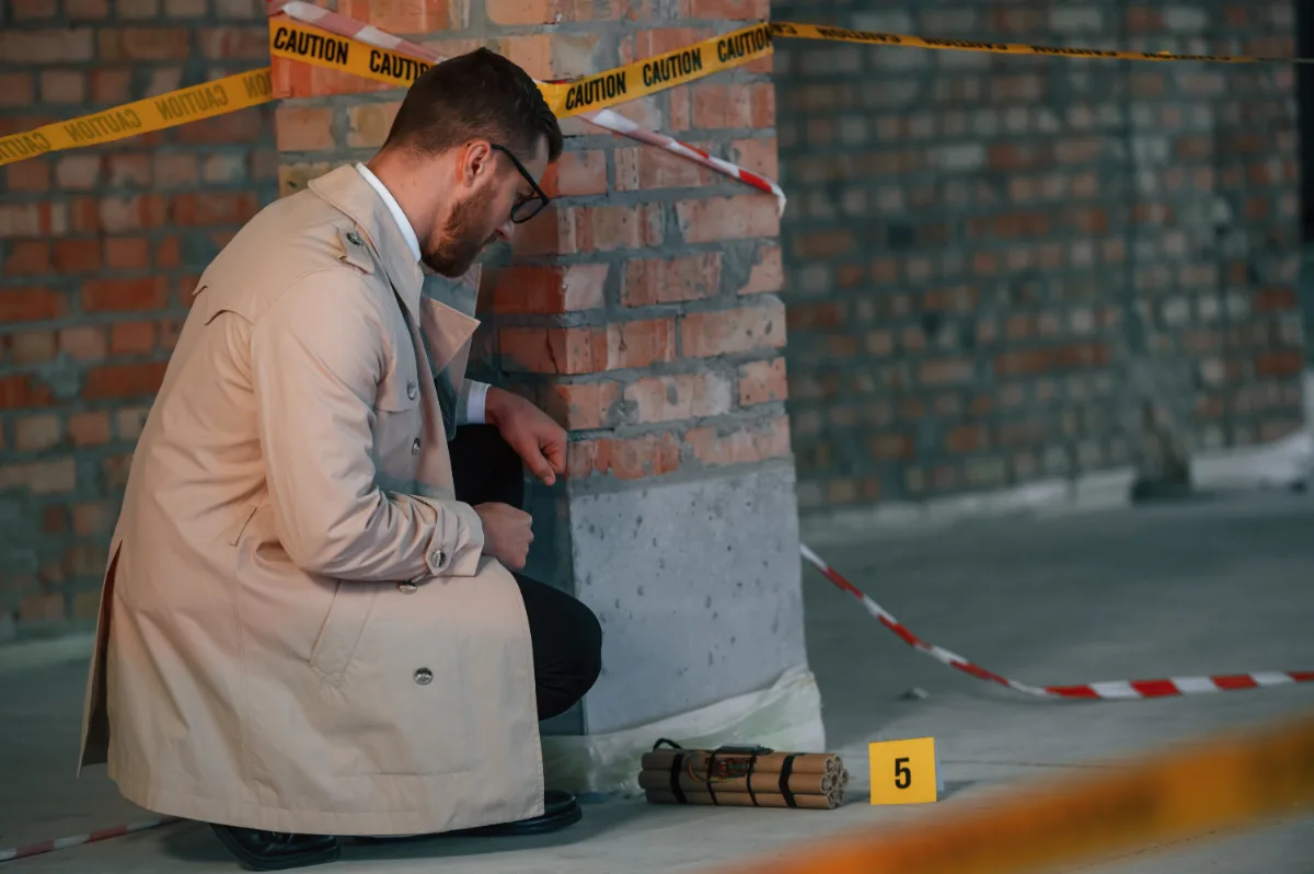 A lawyer in a trench coat is kneeling down next to a brick wall.