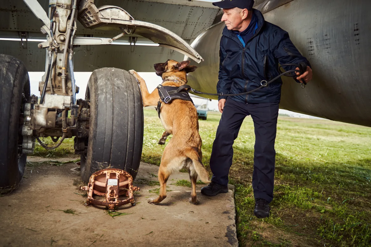 Security personnel and trained dog inspecting an aircraft's landing gear.